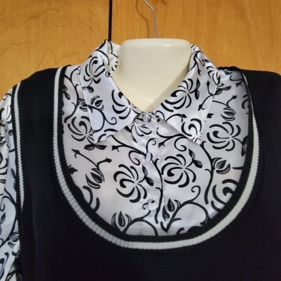 Style & Co. Layered Blouse 75% Silk Nylon Mock XL vest Knit top black white EUC - Picture 1 of 10